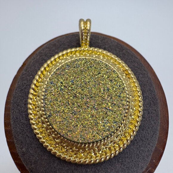 Gold Plated Yellow Druzy Circle Pendant Fashion Pendant Size 1.25" Length - Picture 3 of 9